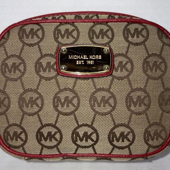 Michael Kors Tan Monogram Mini Crossbody Bag Red Leather Trim Chain Strap - Picture 4 of 12
